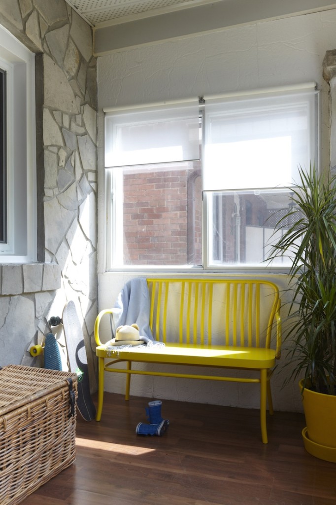 yellow bench mudroom