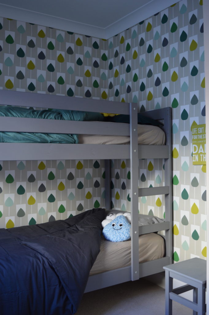 After green bedroom Scion Sula Wallpaper in Juniper & Kiwi IKEA MYDAL bunk bed hack