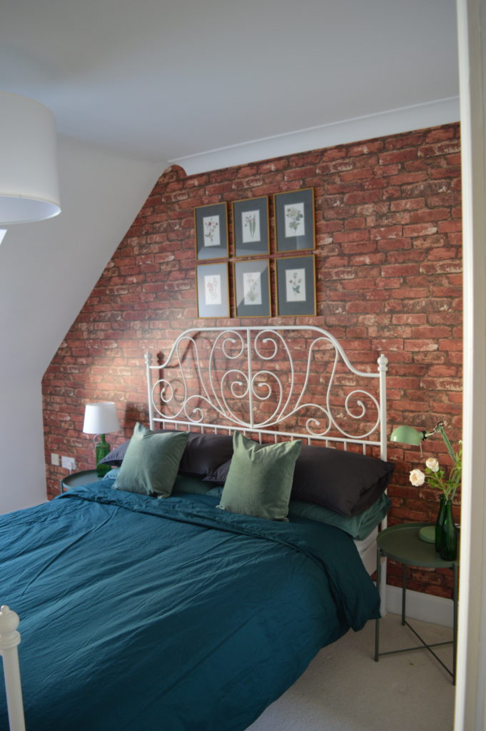 After master bedroom brick wallpaper green flower ikea LEIRVIK bed white