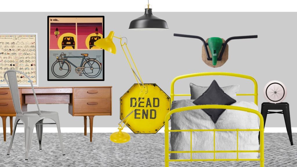 Bicycle grey yellow bedroom styleboard