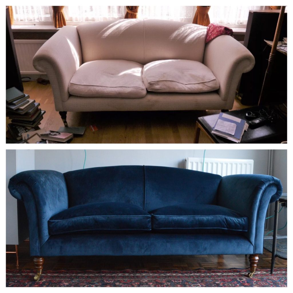 Before and after Blue velvet sofa