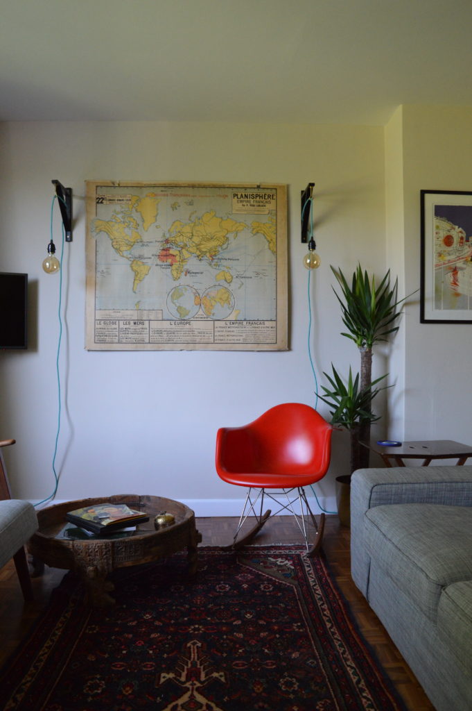 Sitting room antique French map eames chair Ikea ekby valter hack