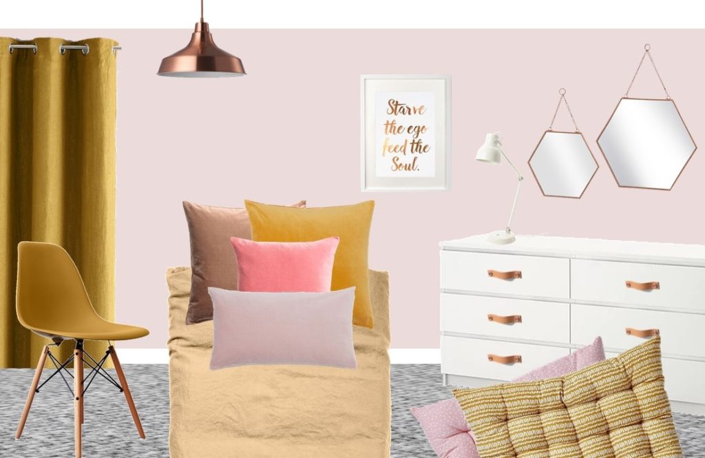 Mustard and Pink styleboard tween bedroom